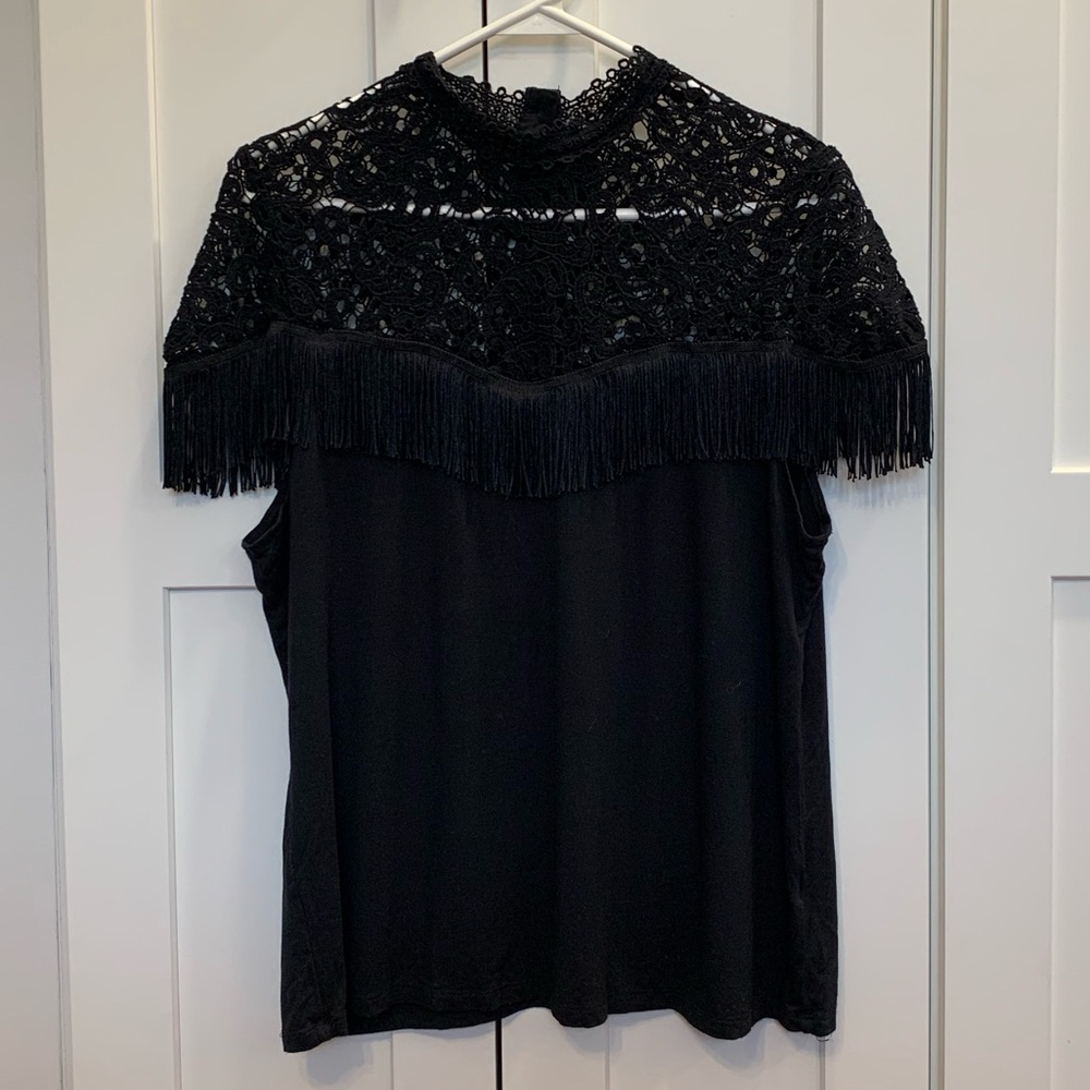 Calligraphie Black Fringe Lace Sleeveless Top Size L Witchy Whimsigoth Cowgirl